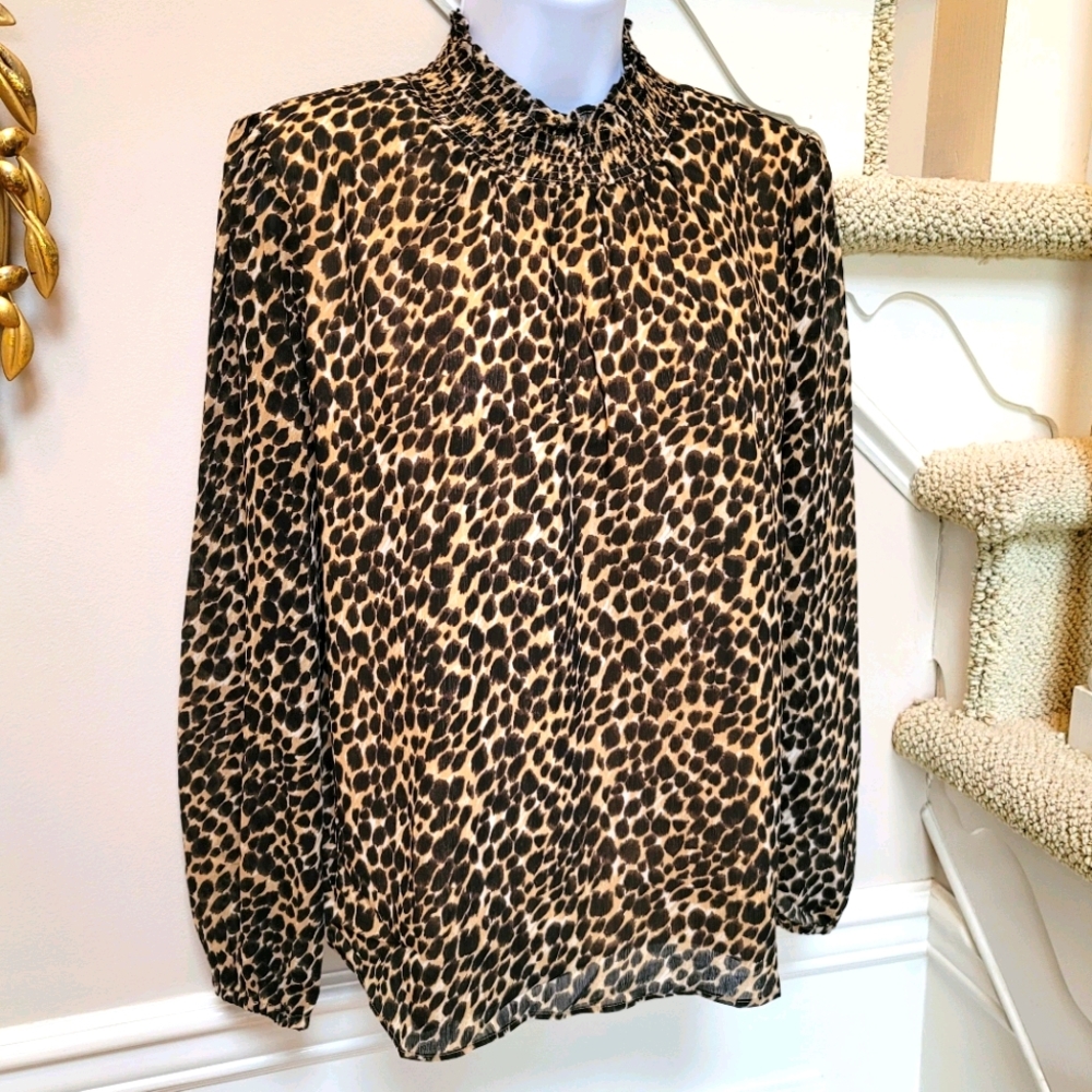 New! J Crew size XS X-Small Smocked Neck Leopard Cheetah Top Blouse NWT